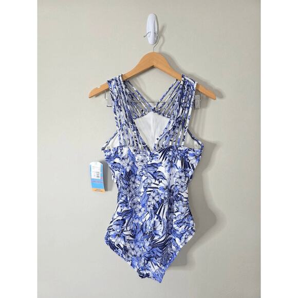 Swim Solutions Blue Floral Stretch Tummy Control One Piece Swimsuit Size 12 NEW - Picture 4 of 8